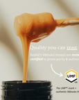 BeeNZ's Manuka honeys purity and authenticity promise overlaying an image of a drizzle of honey coming from a jar of BeeNZ premium New Zealand Honey