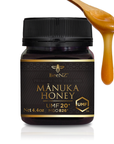 Jar of Manuka honey with a spoonful of honey above it.