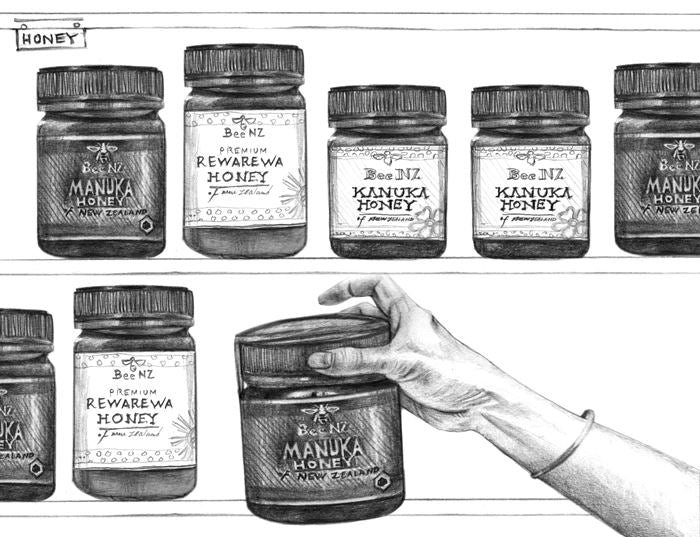 Honey on shelf drawing Manuka and other premium honeys of New Zealand