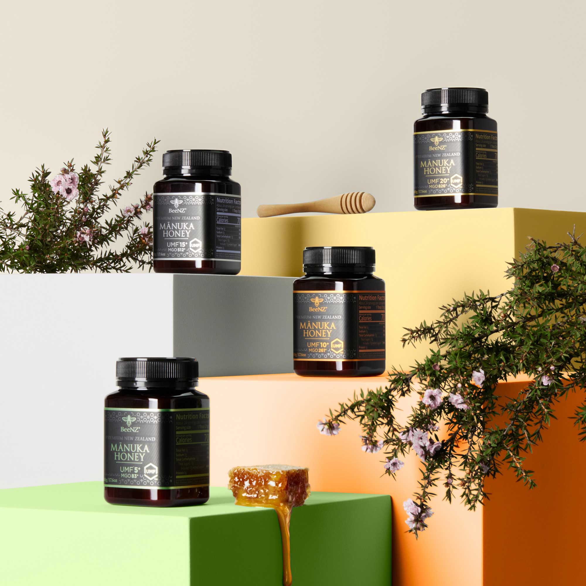 Studio photo of the BeeNZ Premium New Zealand Manuka Honey Range