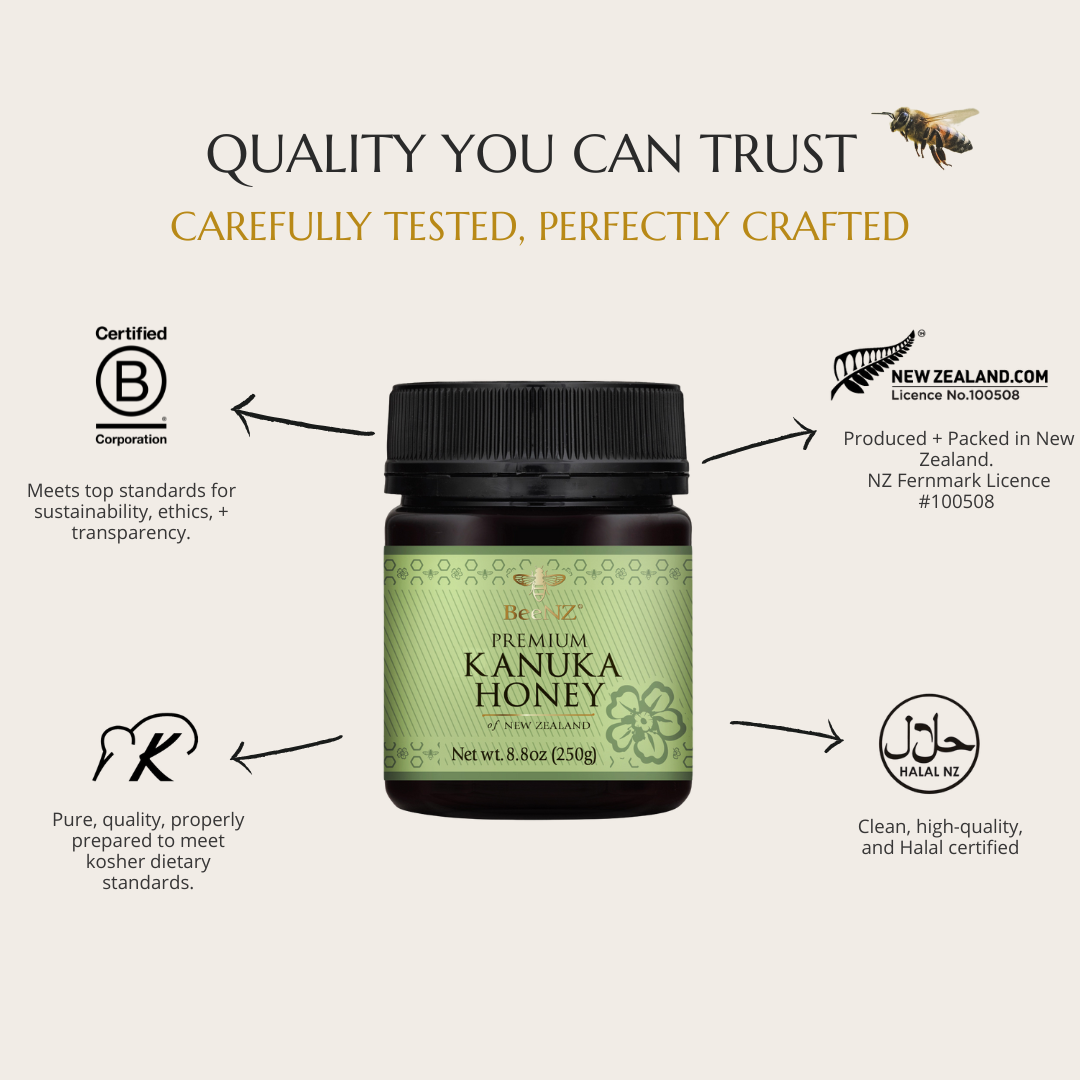 Quality you can trust – BeeNZ honeys are carefully tested and certified to guarantee purity, authenticity, and consistent premium quality in every jar.