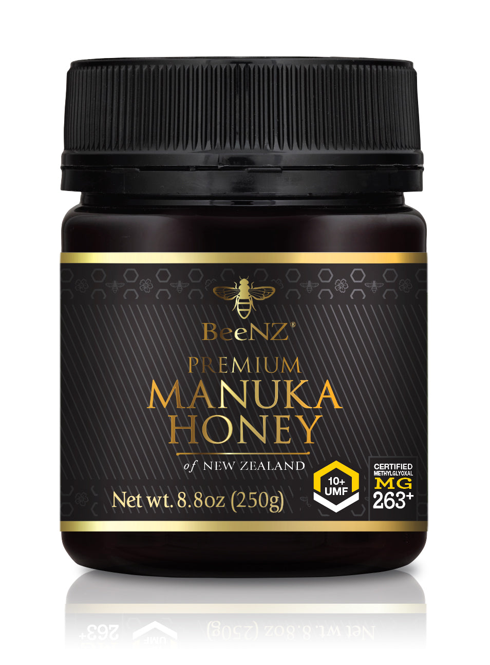 BeeNZ Raw UMF 10+ Mānuka Honey 8.8oz – Medium-grade NZ honey with creamy texture, earthy flavor, antibacterial benefits, immune support &amp; discounted original packaging.
