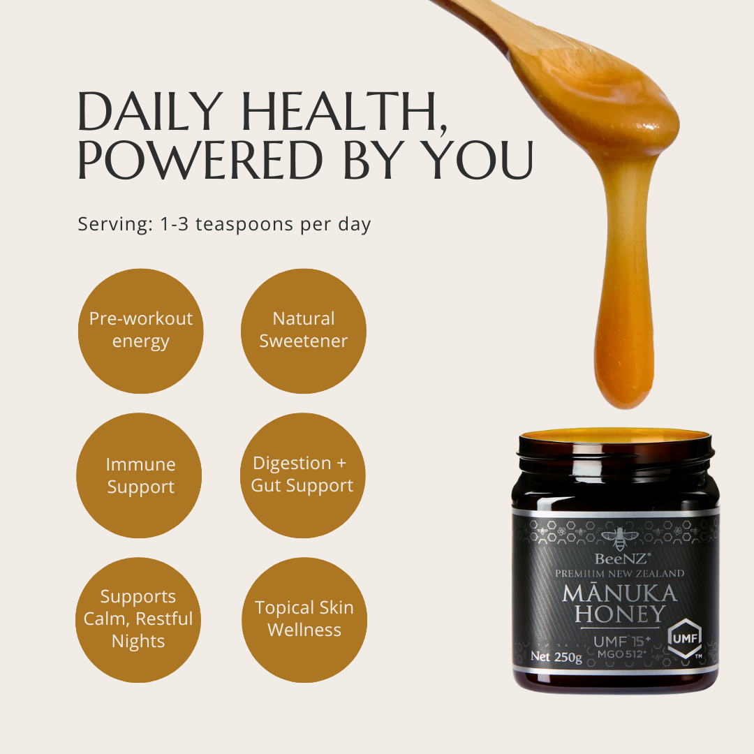 BeeNZ Raw UMF 15+ (MGO 512+) Manuka Honey 8.8oz. High antibacterial NZ honey for cold, flu, gut health, and skin wellness.