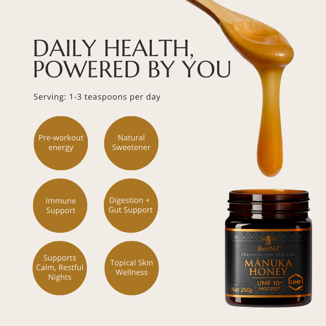 BeeNZ Raw UMF Certified Mānuka Honey UMF 15+ (MGO 512+) 8.8oz – High-grade New Zealand honey with strong antibacterial properties aiding sore throats, coughs, wellness, immunity.