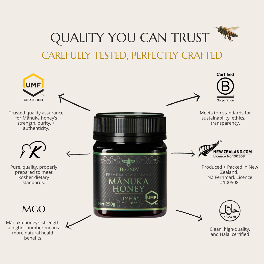 BeeNZ Raw Manuka Honey: UMF Certified, B Corp, Halal & Kosher. Pure, sustainably produced New Zealand honey quality.