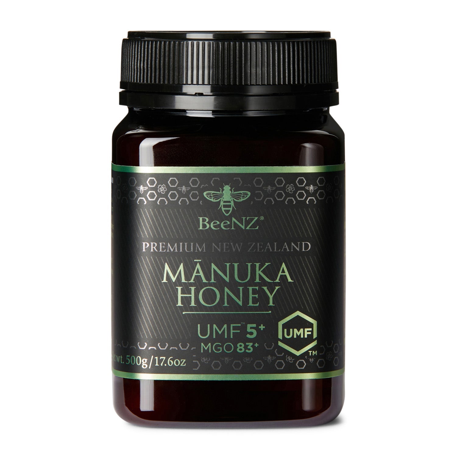 BeeNZ Raw UMF Certified Mānuka Honey UMF 5+ (MGO 83+) 17.6oz – Entry-level New Zealand honey with mild earthy flavor, daily wellness support, and natural sugar swap.