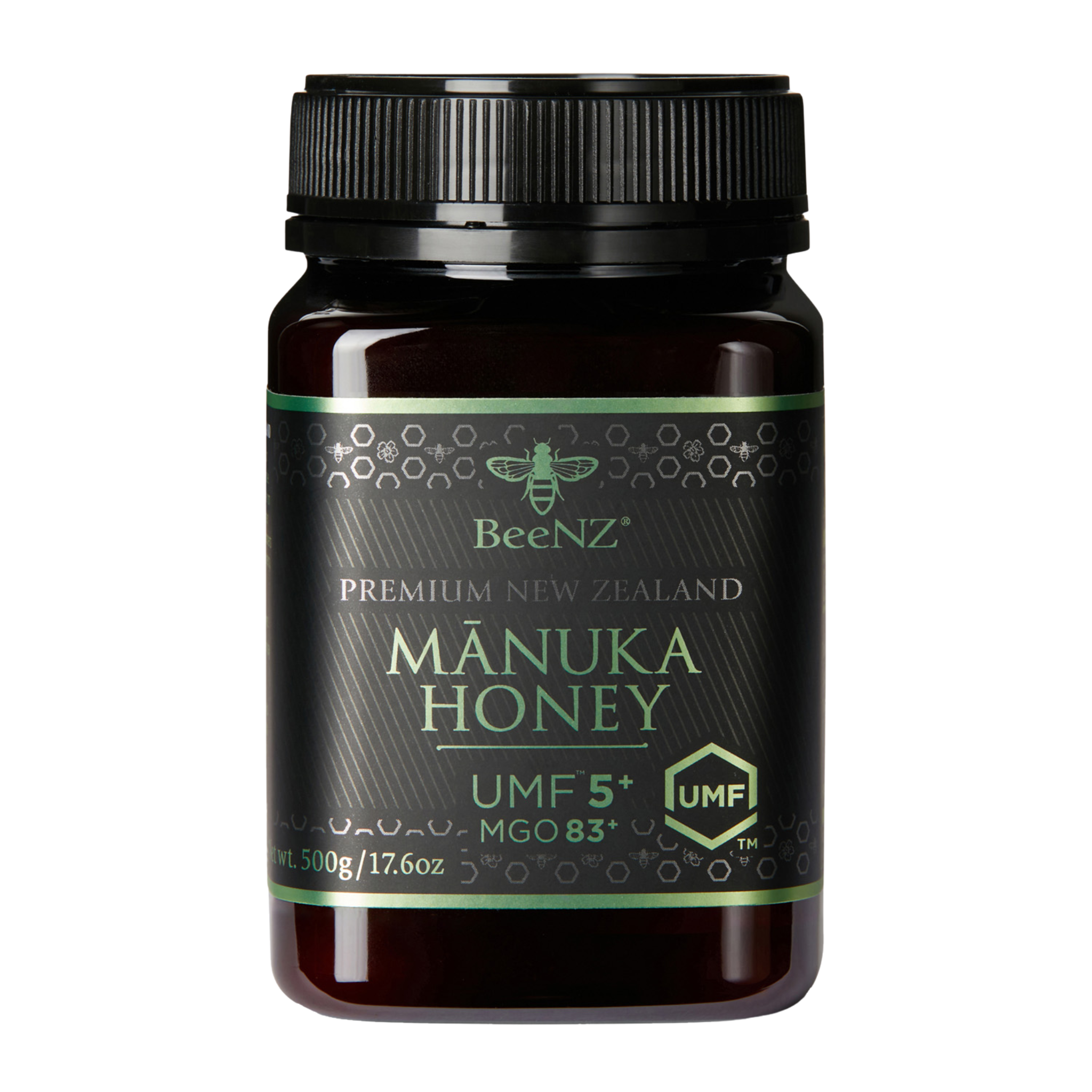 BeeNZ Raw UMF 5+ (MGO 83+) Manuka Honey 17.6oz. Monofloral NZ Honey, natural sweetener for cooking and wellness.