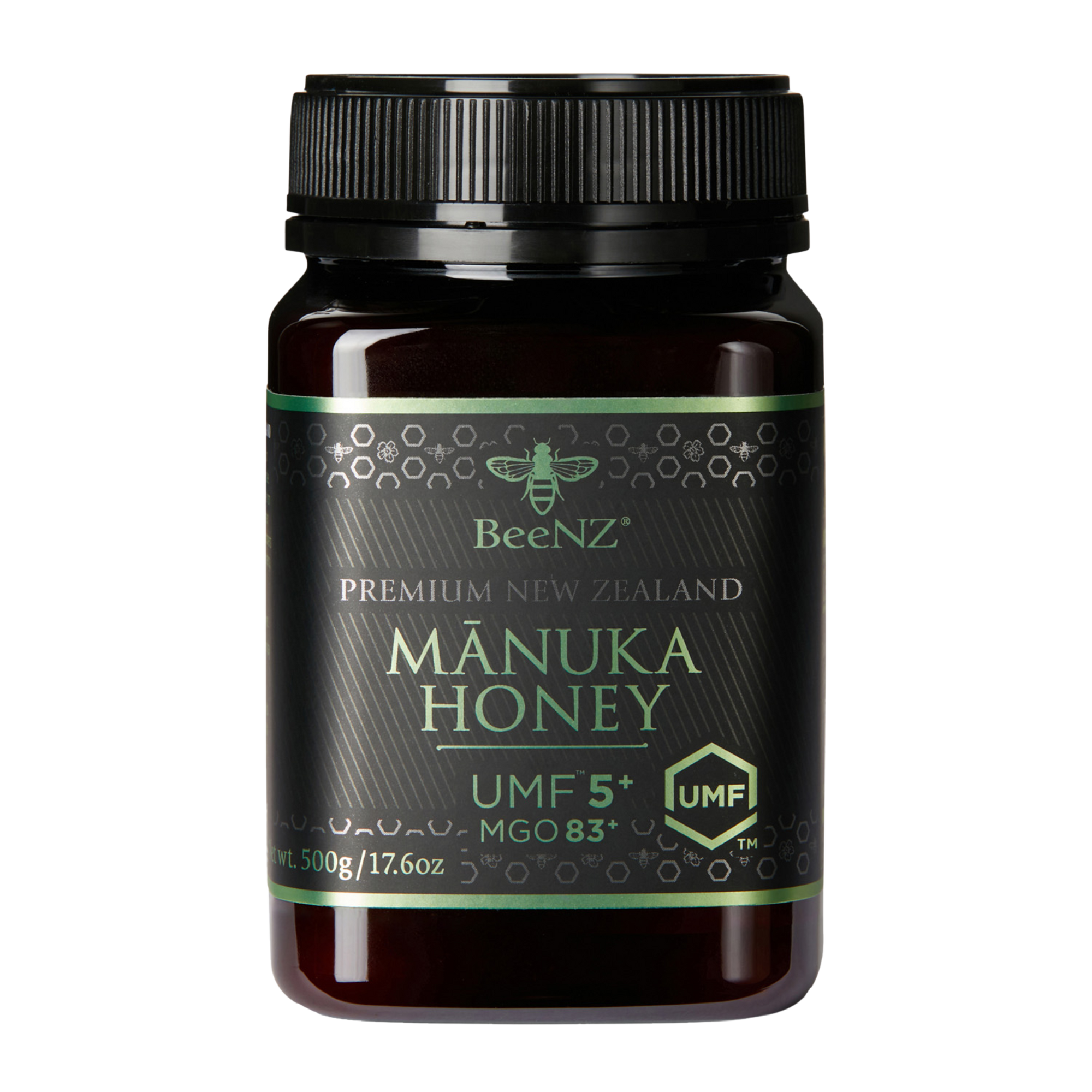 BeeNZ Raw UMF Certified Mānuka Honey UMF 5+ (MGO 83+) 17.6oz – Entry-level NZ honey with mild earthy flavor, wellness support, natural sugar swap, and discount.