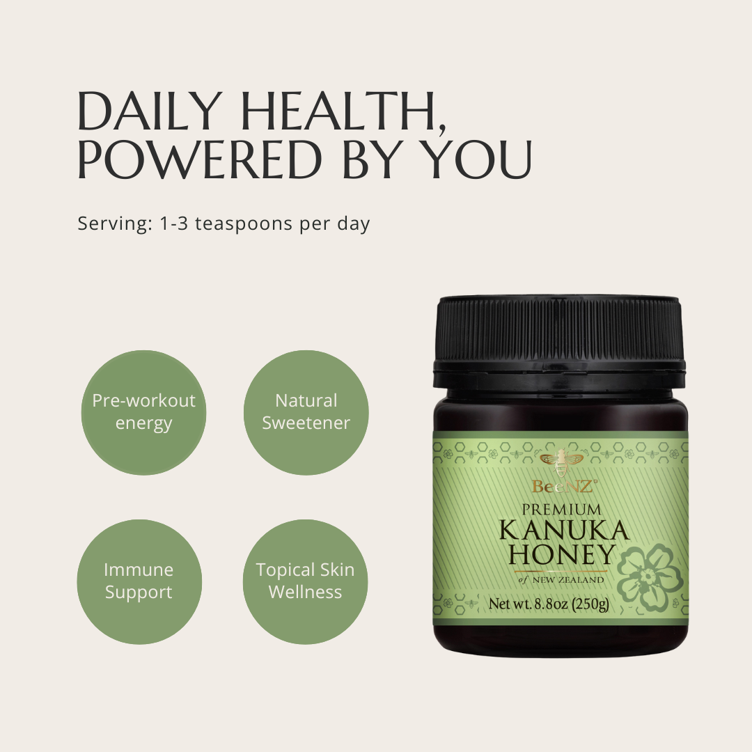 BeeNZ Raw NZ Kānuka Honey offers natural anti-inflammatory and healing benefits, soothing skin issues and boosting wellness. Perfect for smoothies, baking, and sugar swaps.
