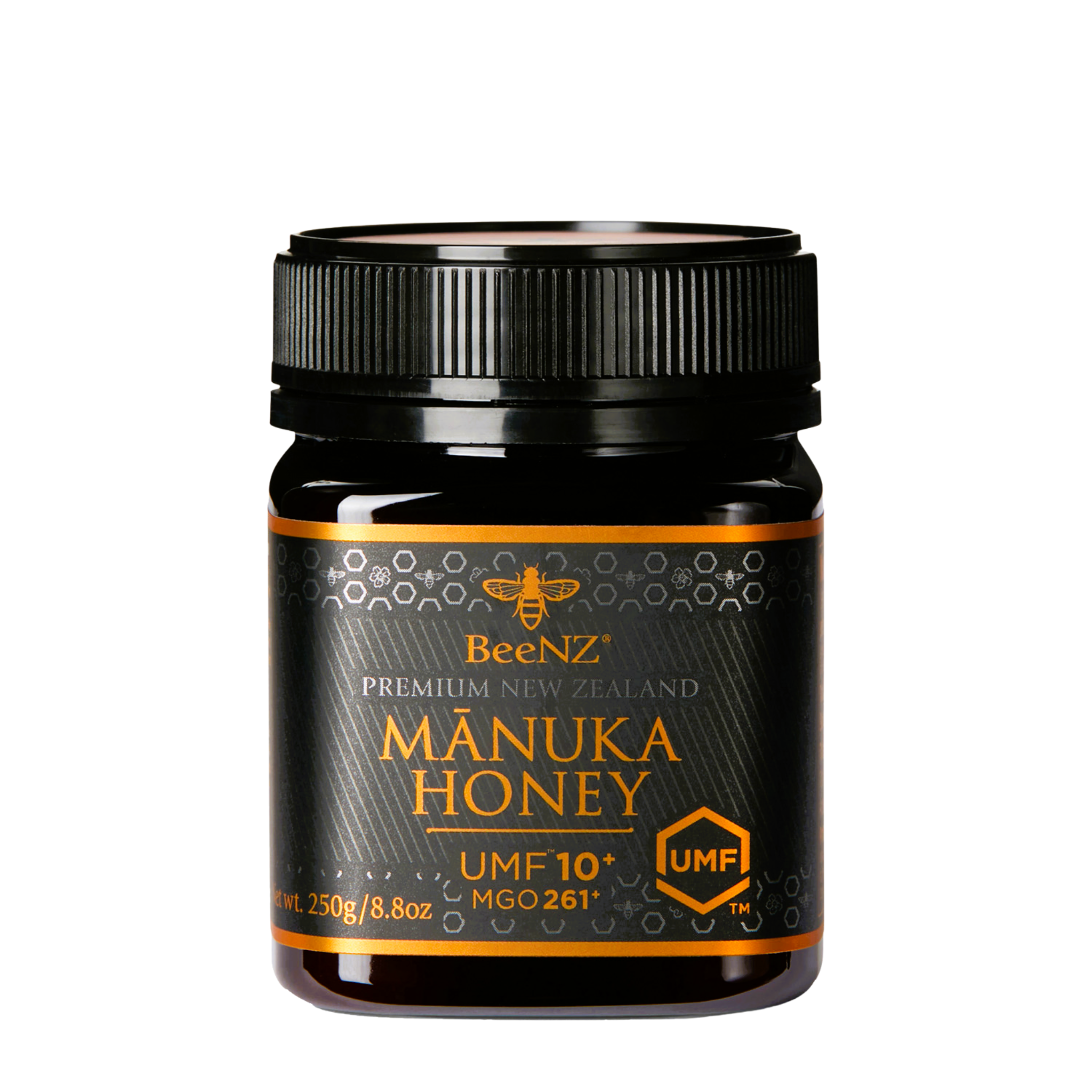 BeeNZ Raw UMF 10+ (MGO 261+) Manuka Honey 8.8oz. Premium NZ honey with medium antibacterial levels for wellness.
