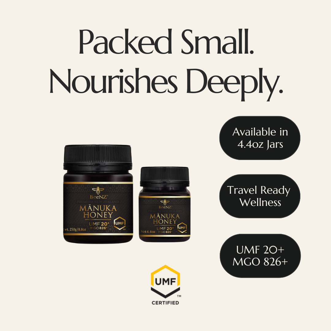 BeeNZ Raw UMF 20+ Mānuka Honey 4.4oz – Rare NZ honey, antibacterial, supports immunity, gut, skin, in travel-size jar