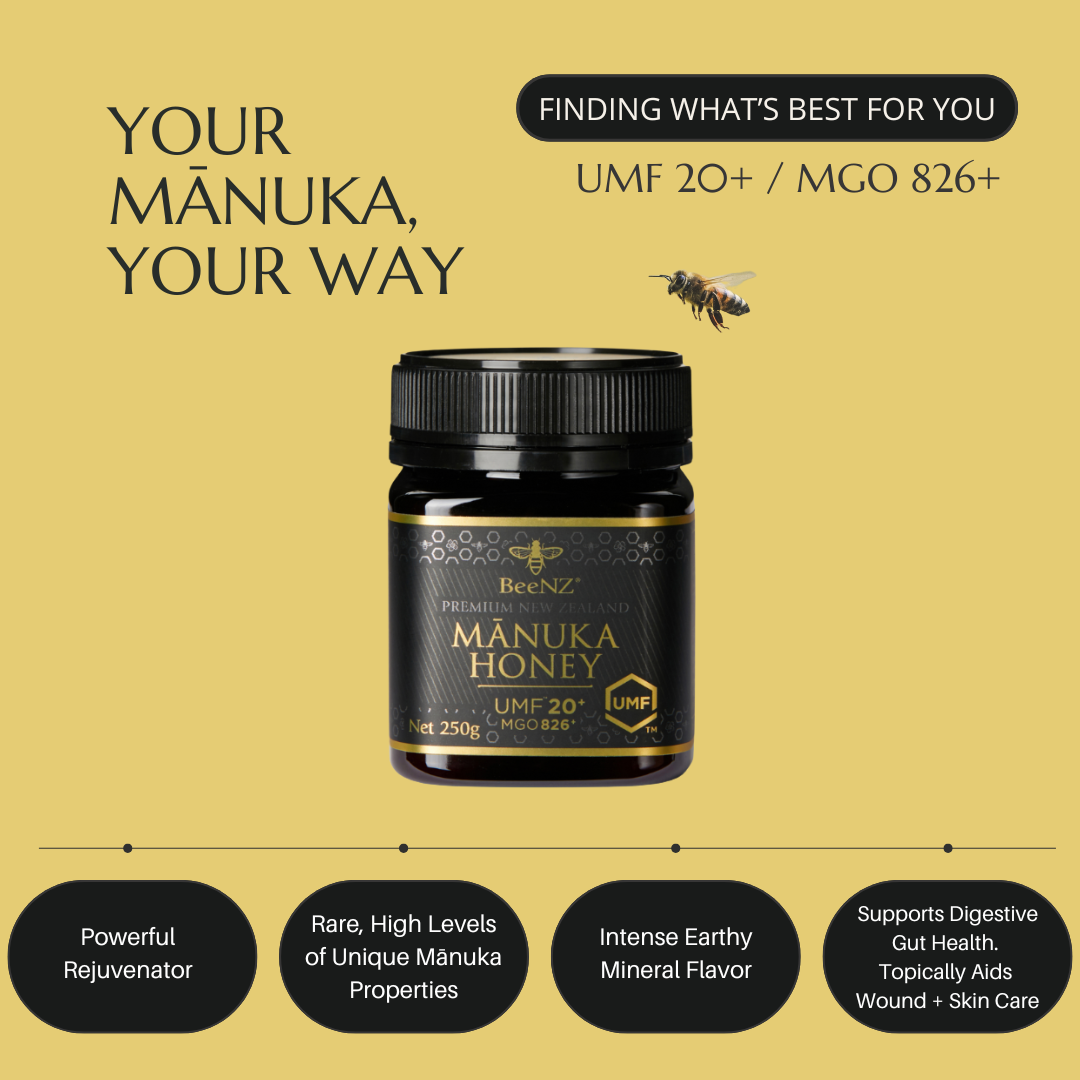 BeeNZ Raw UMF 20+ (MGO 829+) Mānuka Honey 8.8oz – Rare NZ honey with strong antibacterial properties supporting immunity, gut health, wound healing & skincare.