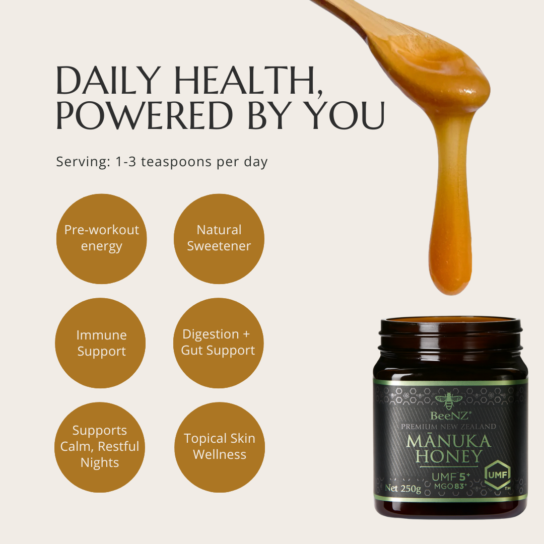 BeeNZ Raw UMF 5+ (MGO 83+) Manuka Honey 8.8oz. Monofloral NZ honey for energy, digestion, and natural sweetening.