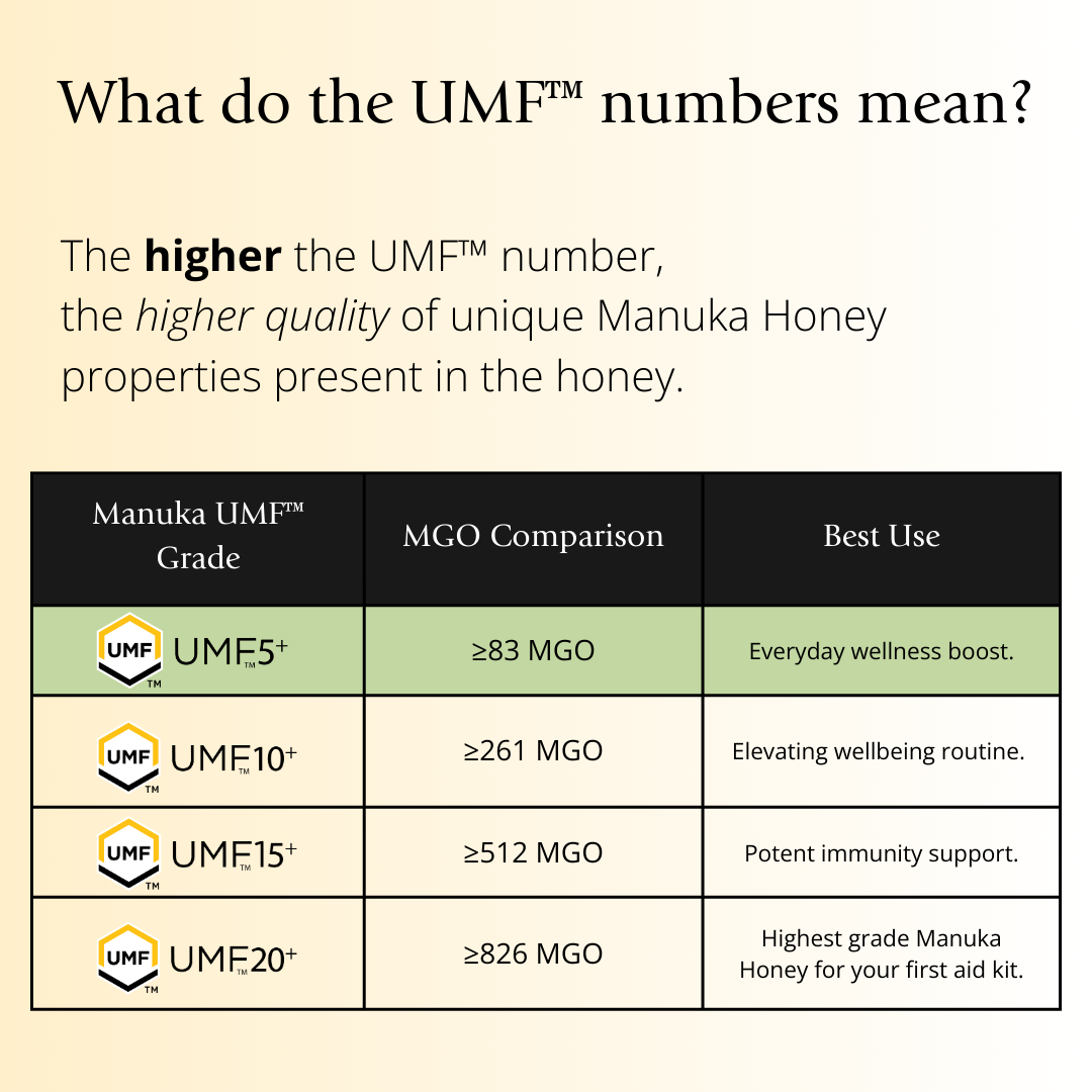 BeeNZ Raw UMF 5+ (MGO 83+) Mānuka Honey – Visual guide comparing UMF 5+, 10+, 15+, 20+ grades showing differences in MGO, antibacterial strength, flavor, uses.