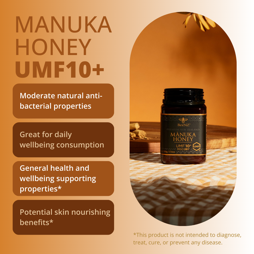 BeeNZ Raw UMF Certified Mānuka Honey UMF 10+ (MGO 261+) 8.8oz – Medium-level NZ honey with earthy mineral flavor, supports well-being & immunity, perfect for warm drinks.
