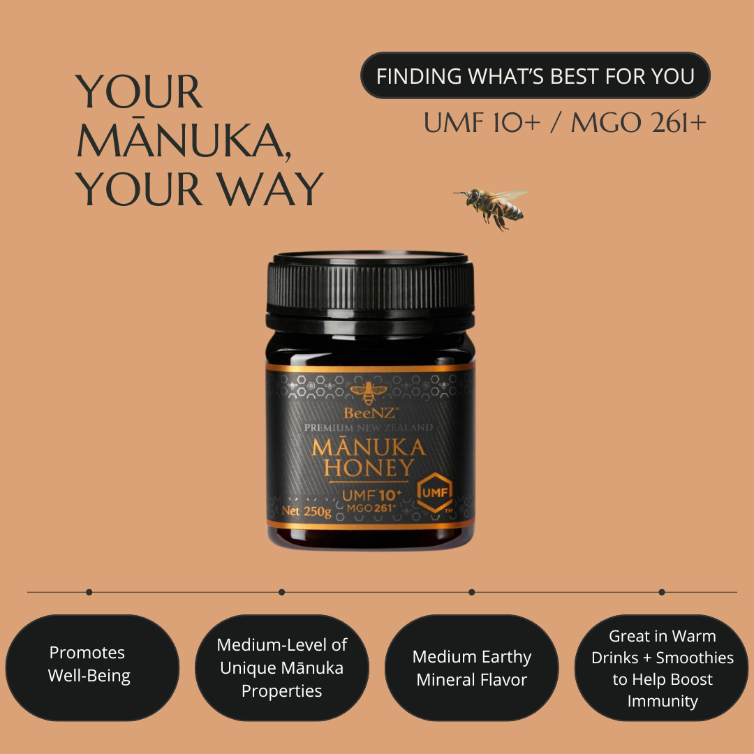BeeNZ Raw UMF Certified Mānuka Honey UMF 10+ (MGO 261+) 8.8oz – Medium-level NZ honey with earthy mineral flavor, supports well-being & immunity, perfect for warm drinks.

