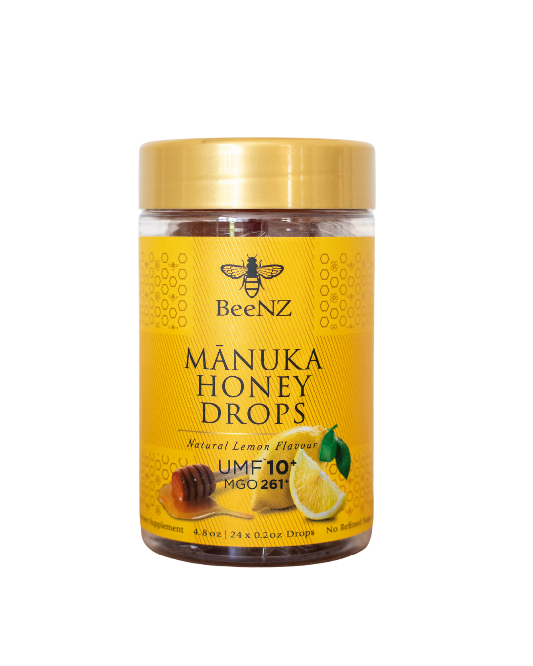 BeeNZ UMF 10+ Manuka Honey Drops with Lemon; a 24-count jar of individually wrapped lozenges showcasing the golden, natural texture of MGO 263+ honey.