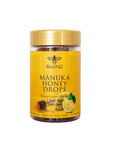 BeeNZ UMF 10+ Manuka Honey Drops with Lemon; a 24-count jar of individually wrapped lozenges showcasing the golden, natural texture of MGO 263+ honey.