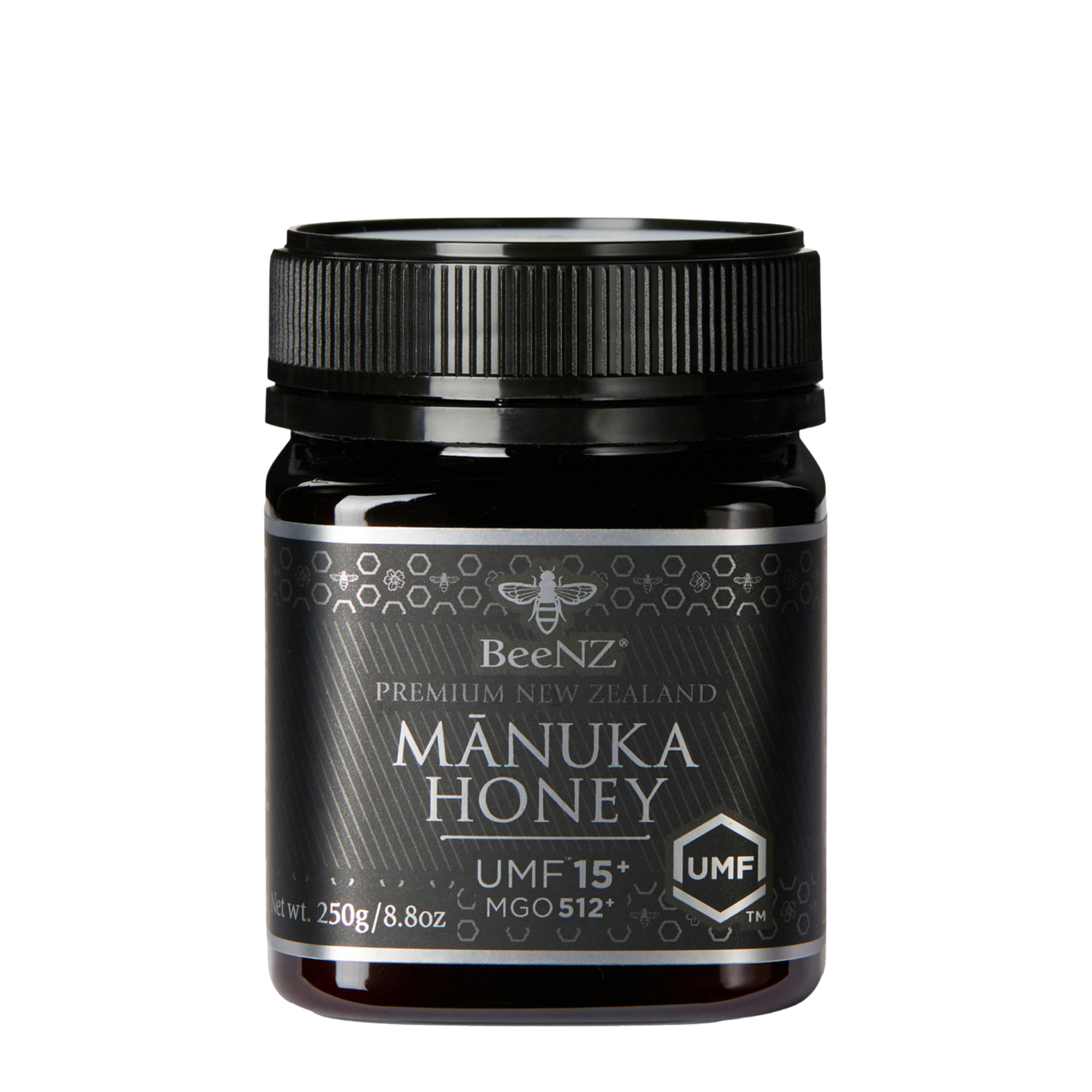 BeeNZ Raw UMF 15+ (MGO 512+) Manuka Honey 8.8oz. High grade antibacterial NZ honey for sore throat, cough, and immunity support.