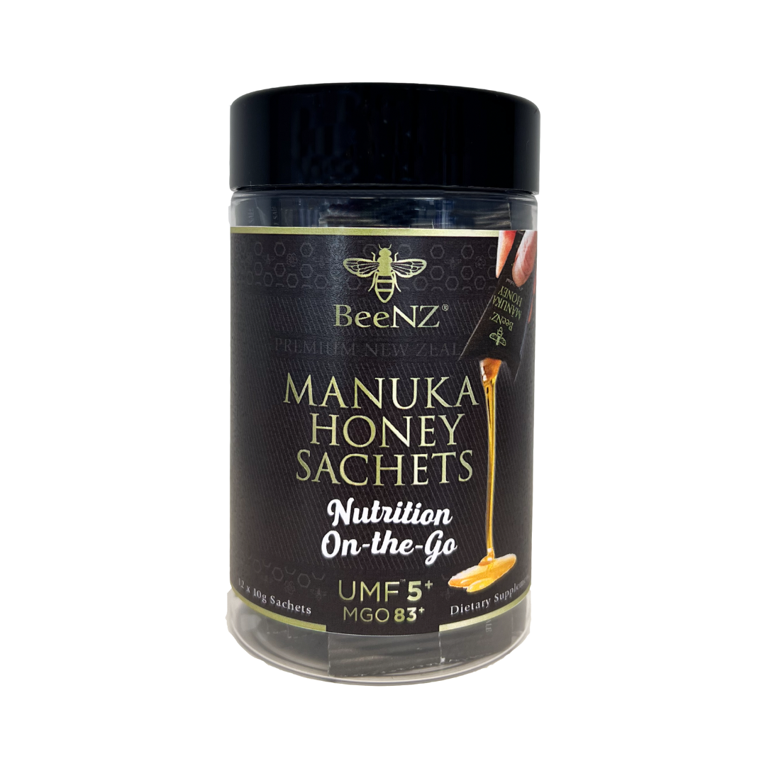 BeeNZ UMF 5+ (MGO 83+) Mānuka Honey Sachets – 12-pack of 0.35oz travel servings with mild earthy sweetness. Great for on-the-go energy, immune & wellness support.