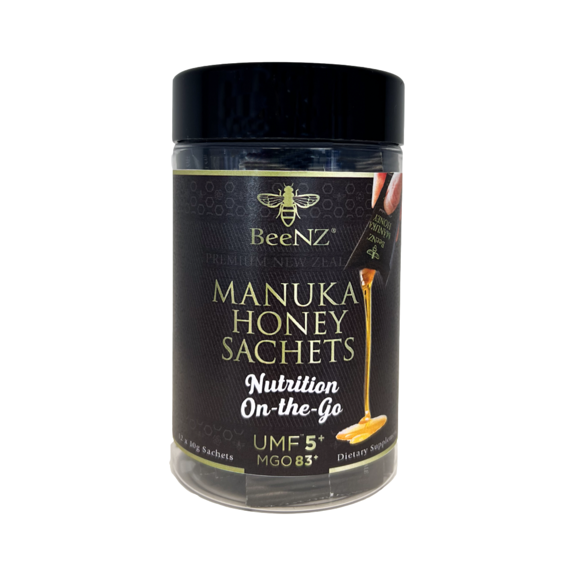 BeeNZ UMF 5+ (MGO 83+) Mānuka Honey Packets – 12-pack of 0.35oz travel ready packets with mild earthy sweetness. Great for on-the-go energy, immune & wellness support.