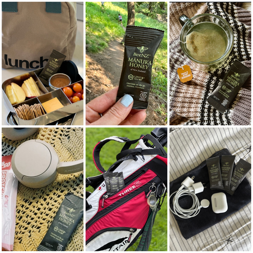 BeeNZ UMF 5+ (MGO 83+) Mānuka Honey Sachets - travel packets with mild earthy sweetness. Perfect to pack in lunches, gym bags and bring with you for outdoor adventures and travel. 