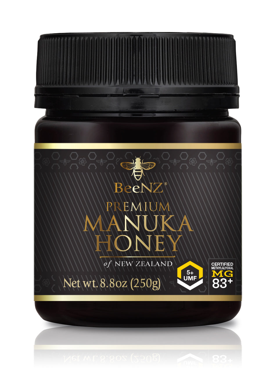 BeeNZ Raw UMF Certified Mānuka Honey UMF 5+ (MGO 83+) 8.8oz – Entry-level NZ honey with mild earthy flavor, wellness support, natural sugar alternative for cooking and baking.
