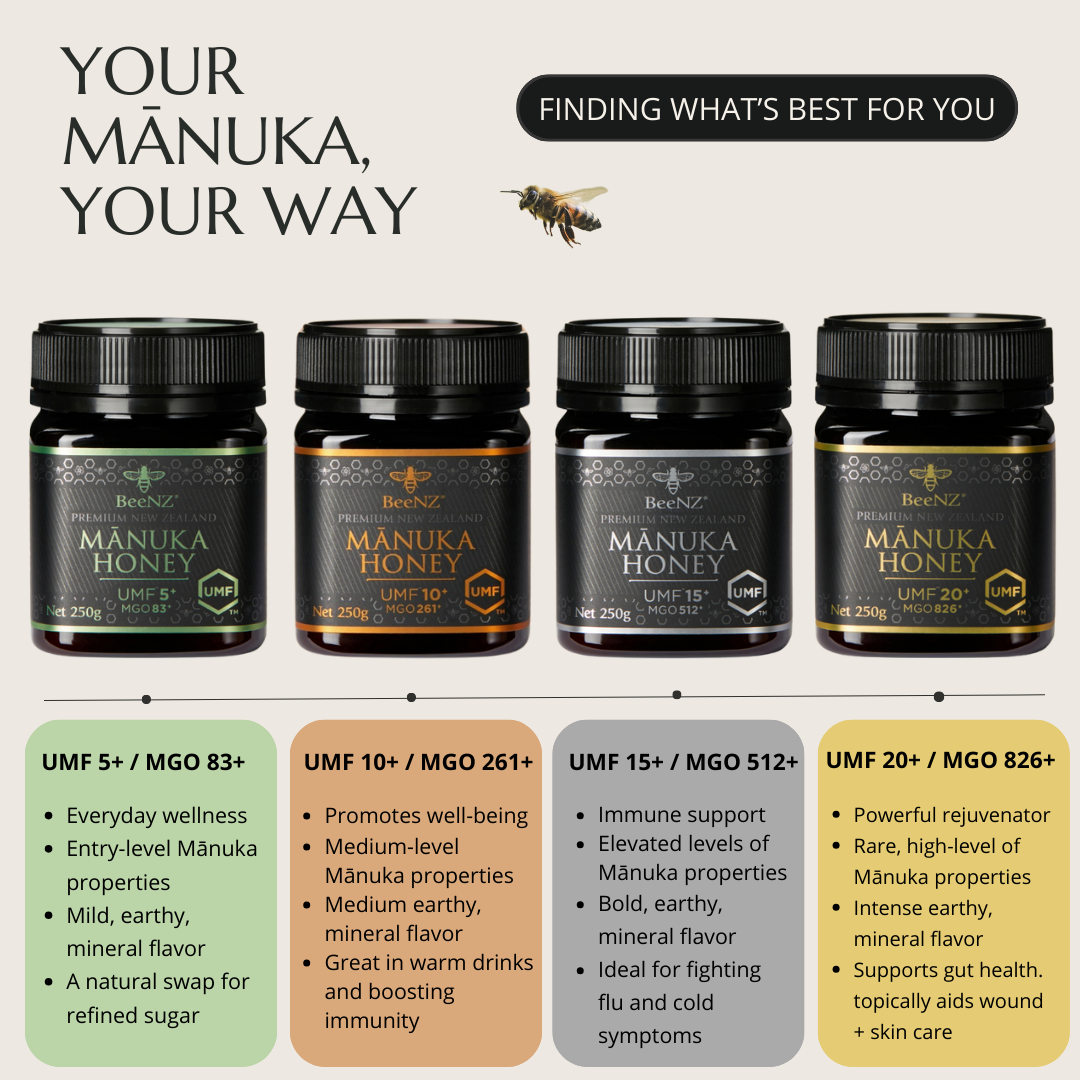 BeeNZ Raw UMF Certified Mānuka Honey UMF 5+ (MGO 83+) 8.8oz – Grades show differences in MGO levels, antibacterial strength, flavor, and recommended uses.