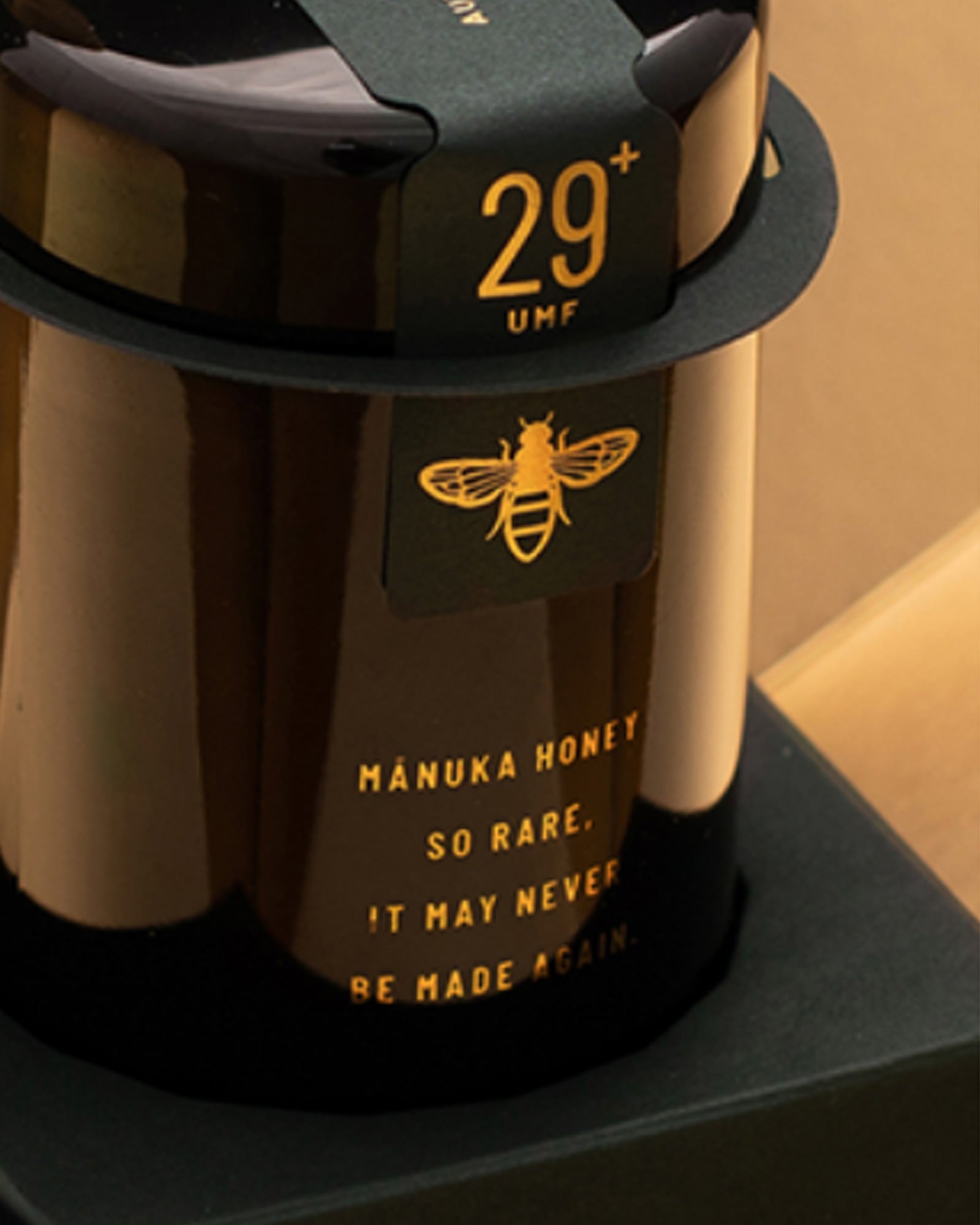 BeeNZ rare Manuka honey in an award winning packaging design with black and gold detailing and UMF 29+